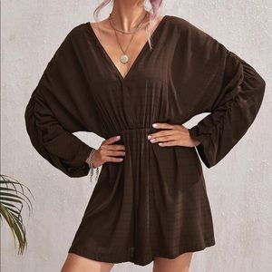 ❤️3x$20 - SHEIN Ruched Batwing Sleeve Surplice Neck Tie Back Romper